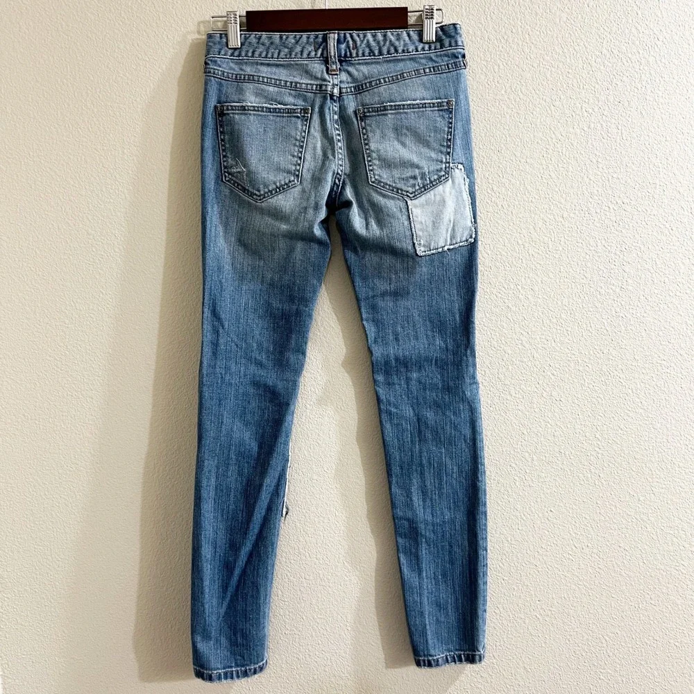 Free People Patchwork Distressed Skinny Jeans Blue Size 26 Womens Low Rise Boho